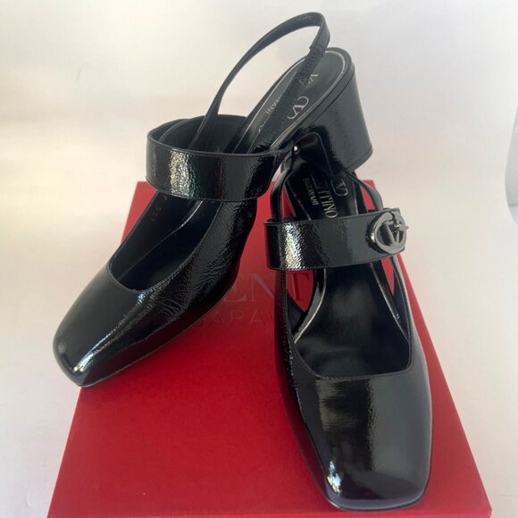Valentino Garavani Shoes - Valentino Garavani VLogo Black Leather Slingback Pumps Women Heel Size 37.5